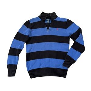 Vintage 90s Polo by Ralph Lauren Black + Blue Rugby Stripe 1/4 Zip Knit Sweater